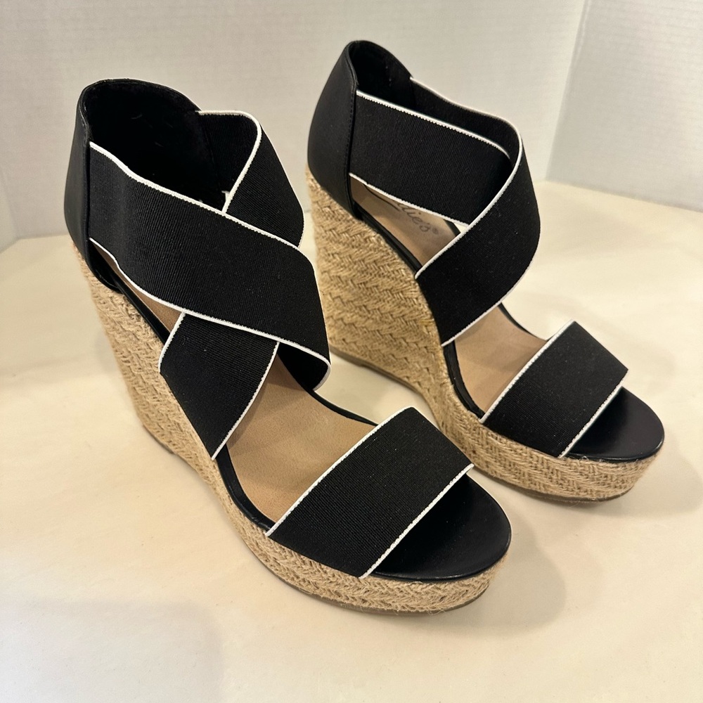 Candie's Black and Tan Wedge Sandals with Elastic Straps